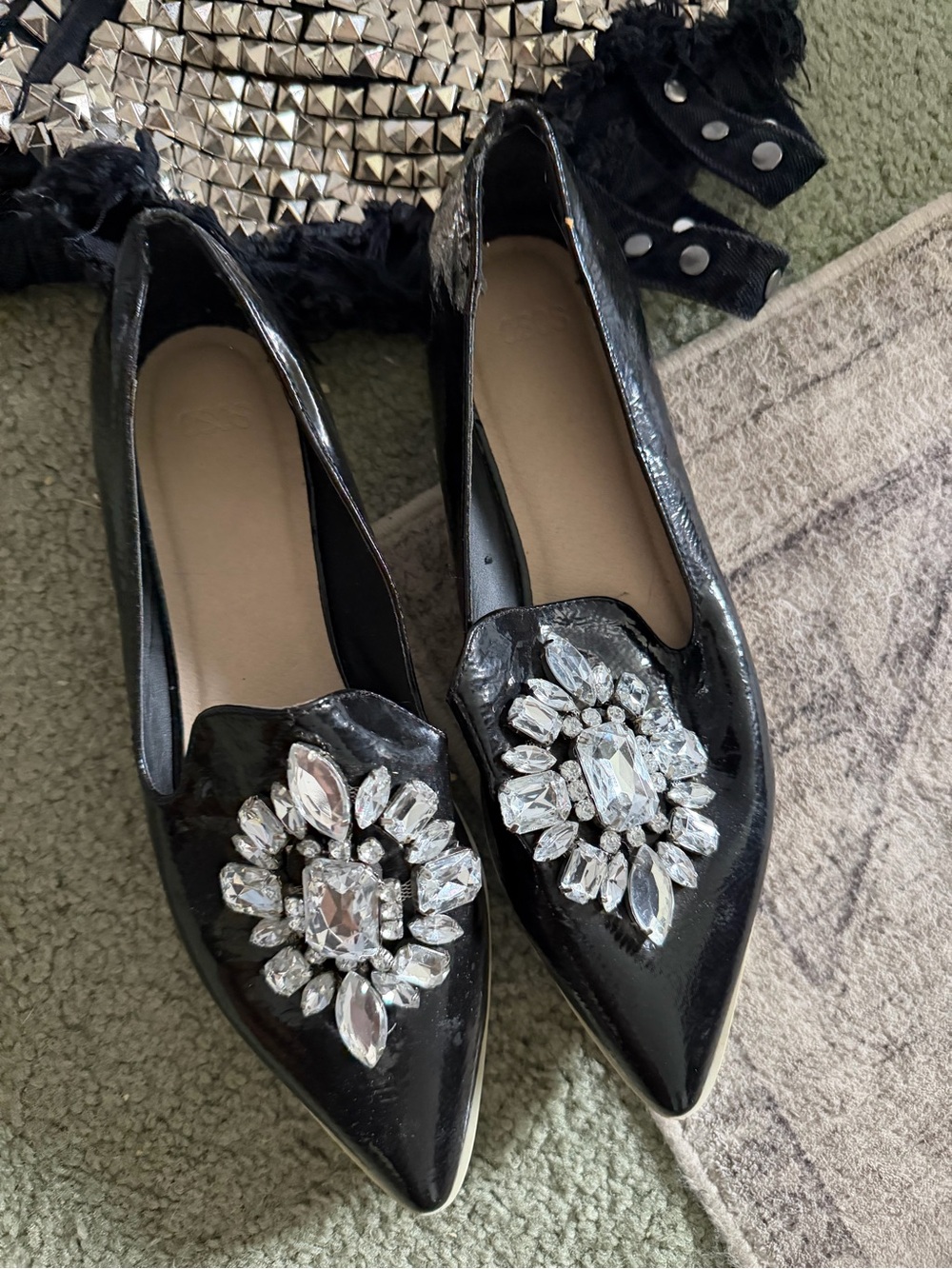 Black Patent Pointed Flats with Crystal Brooch Detail